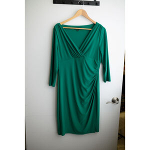 Women's LAUREN Ralph Lauren Green V-Neck Ruched Dress Size 14
